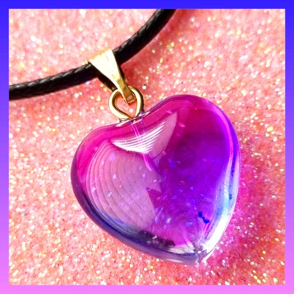 Necklace | Blue & Purple Ombre Heart Pendant | Black Cord with Gold Clasp 💙💜 - Picture 5 of 5